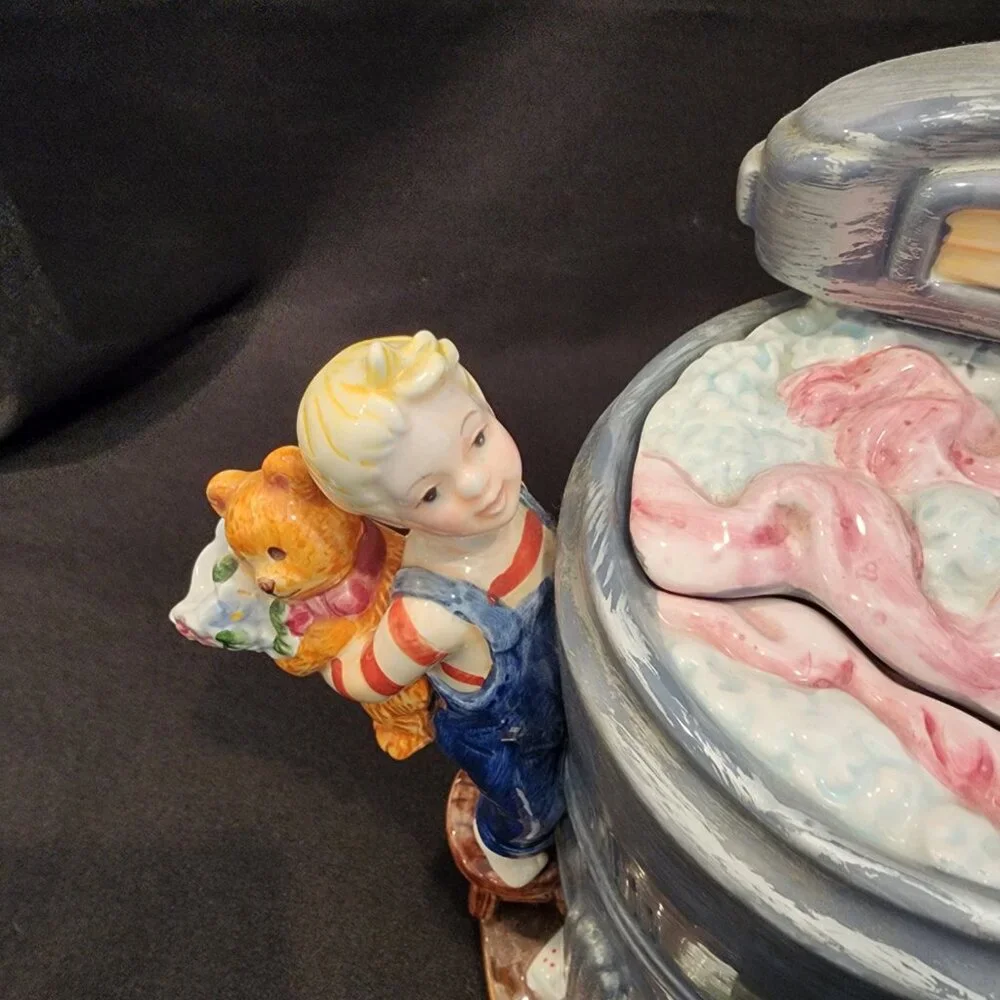Vintage Ceramic Teapot Old Fashioned Ringer Washer Mom and Son, Rare